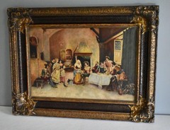 Antique European Tavern Interior Genre Scene Framed Signed & Dated 1910