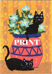 ACEO Art Card PRINT Black Cats House Plants The Secret Life of House Cats #12