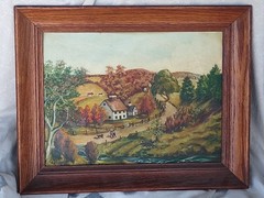 AGM Signed Mid Century Framed Landscape Oil Painting Farm Countryside Houses