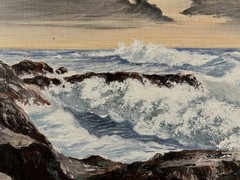 Dramatic 1976 Japanese Vintage Midcentury Seascape Oil Painting Japan Landscape