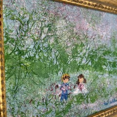 Vintage 6×5” Textured Painting Girl Boy Field of Flowers Impressionist Landscape