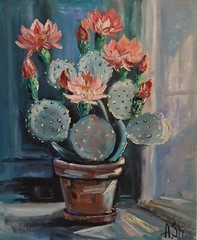 Original oil painting cactus with flowers bright unique art 10×12″