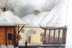 ANTIQUE FOLK ART OIL PAINTING VILLAGE BRIDGE RIVER SNOW WINTER LANDSCAPE PEOPLE