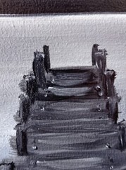 Original Painting Bridge Lake Sky Black White Art Landscape Oil 18 x 14 in