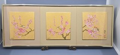 Vtg 3 Original Panel Cherry Blossoms & Birds Watercolor Paintings Framed