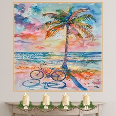 Watercolor of Palm Tree and Bicycle by Ocean Shore with Vibrant Sunset Sky