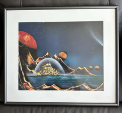1998 Simon Signed Framed Original Art Acrylic Surreal Pyramids Planets Space