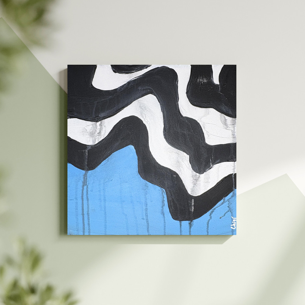 Drip Organic Abstraction 12×12 Blue, Black, & White Original Hand Painted Canvas