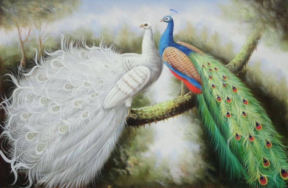 24×36 Pair Of White and Blue Peafowl Rest On Tree Oil Painting Naturalism