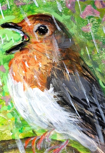 ORIGINAL ACEO Painting European ROBIN Spring BIRD Rain Flowers Nature ATC ART