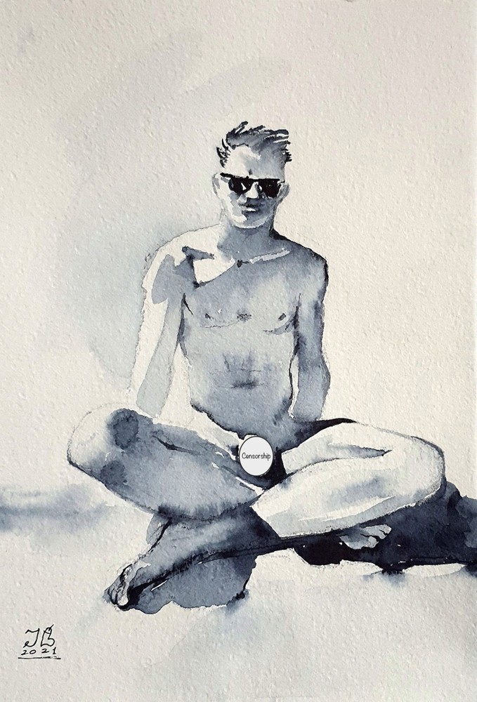 Art Gay Erotic Watercolor „On the beach“ 11 -7,5in. I.Bubentcov
