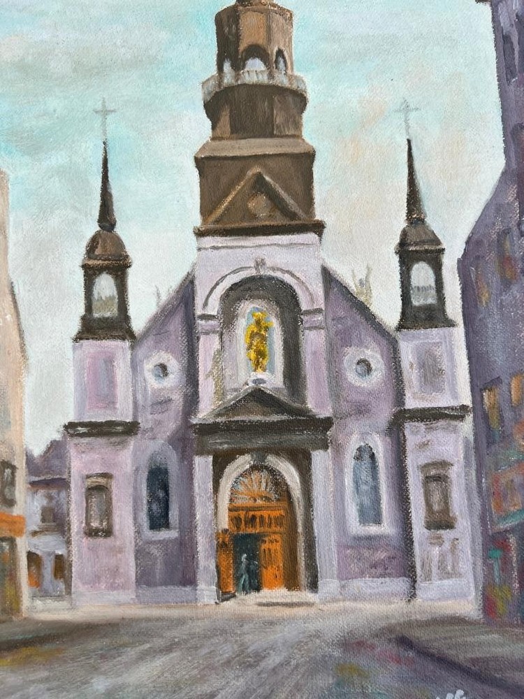 Vintage Original Art City Landscape Oil Painting Sailor’s Church Montreal Canada