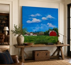 Large Ralph Lauren Style Barn Landscape Painting 47” x 45.5” Country Estate Art