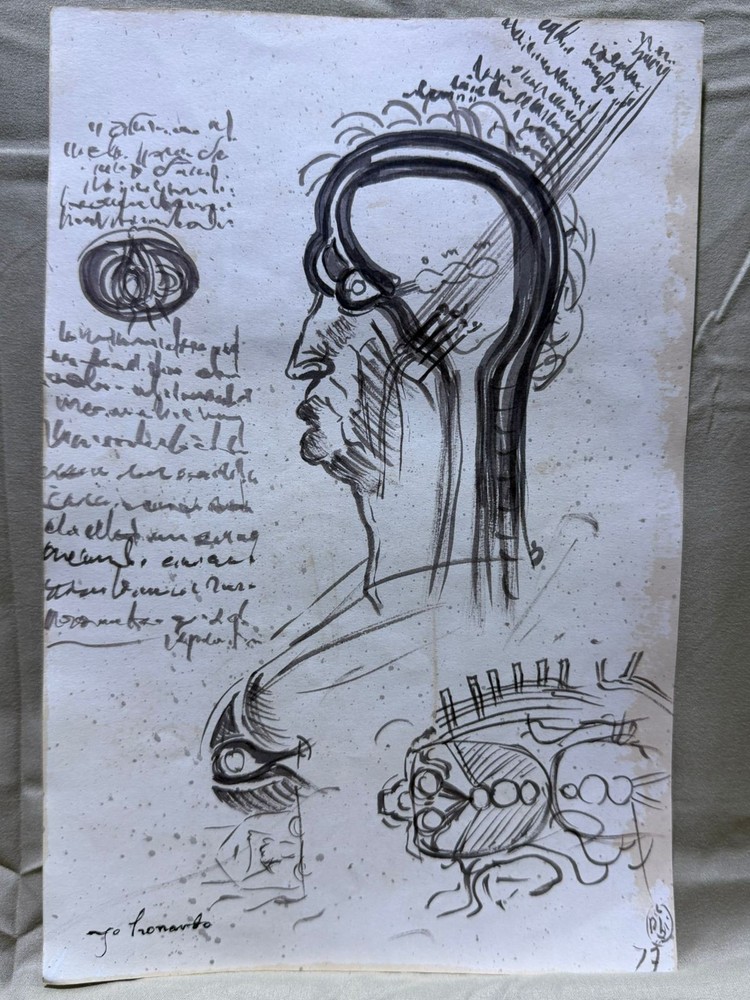 LEONARDO DA VINCI drawing and painting on old paper signed stamped vintage