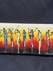 VINTAGE ORGINAL OIL ON CANVAS AFERICAN TRIBAL ART PAINTING M WDIBA 15.25 X 3.75”