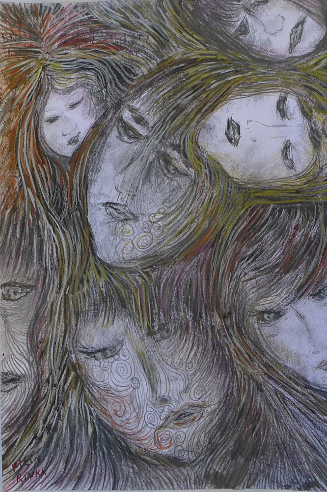ORIGINAL FEMALE DRAWING 13 X 9 INCH BROWND BLACKS PENCILS BY RIVKA FILIIN