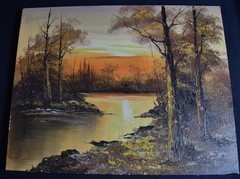 G.WHITMAN SUNSET RIVER LANDSCAPE ORIGINAL OIL ON CANVAS PAINTING,16″x20″unframed
