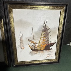 2 Vintage Asian Junk Boat Wall Art Pair Signed Framed nautical wall decor