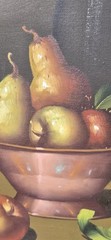 Vintage Oil Painting Still Life Fruit, Wine Copper Bowl Framed Brown Background
