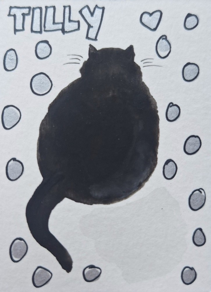 ACEO original watercolor kitty mini painting black cat polka dot kimaya.art