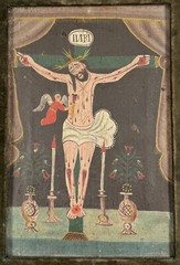 Antique Spanish Colonial Oil Painting Christ Crucifixion Mexican Retablo 18th C.