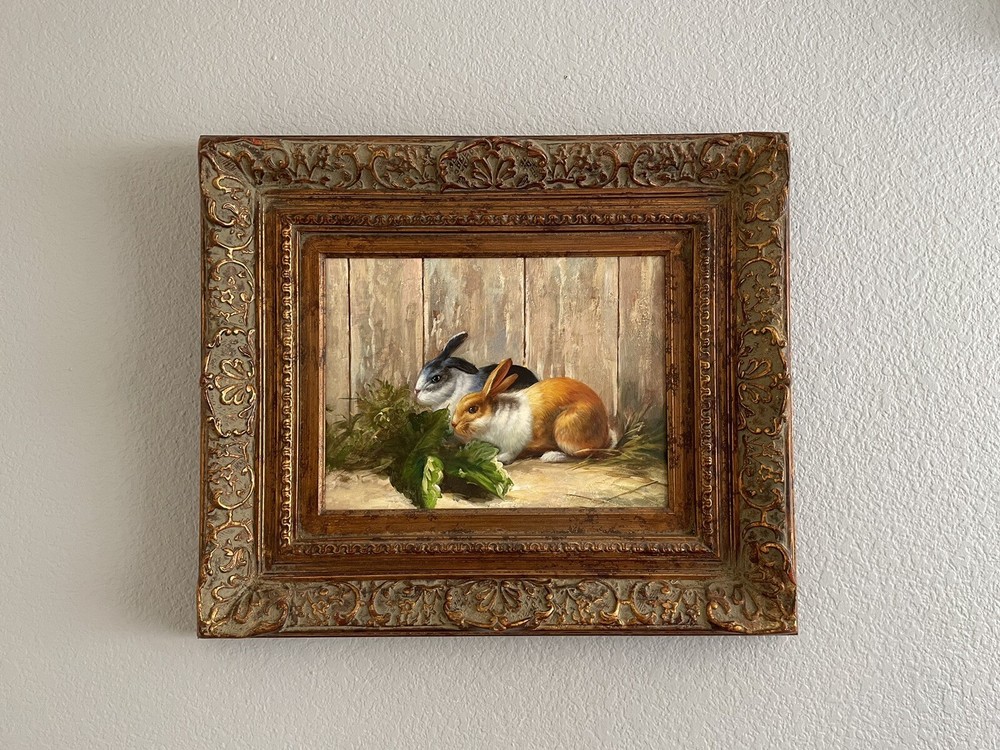 Vintage Original Bunny Painting with Heavy Ornate Gold Wood frame Art16x12