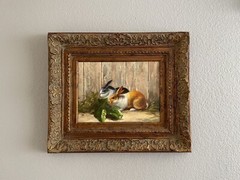 Vintage Original Bunny Painting with Heavy Ornate Gold Wood frame Art16x12