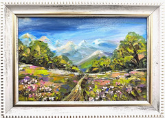Original oil painting framed Mountain landscape, Spring Landscape 7x5in