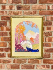Spectacular Circa 1930s Art Deco Gouache Painting Peacocks In Landscape Unsigned