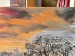 Wintery scenery with sunset and snow original oil painting on canvas 16″x12″