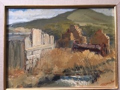 Tom Komala (20th Century) “Haystacks” 8 1/4” x 11 1/4” Oil on Board Signed LR