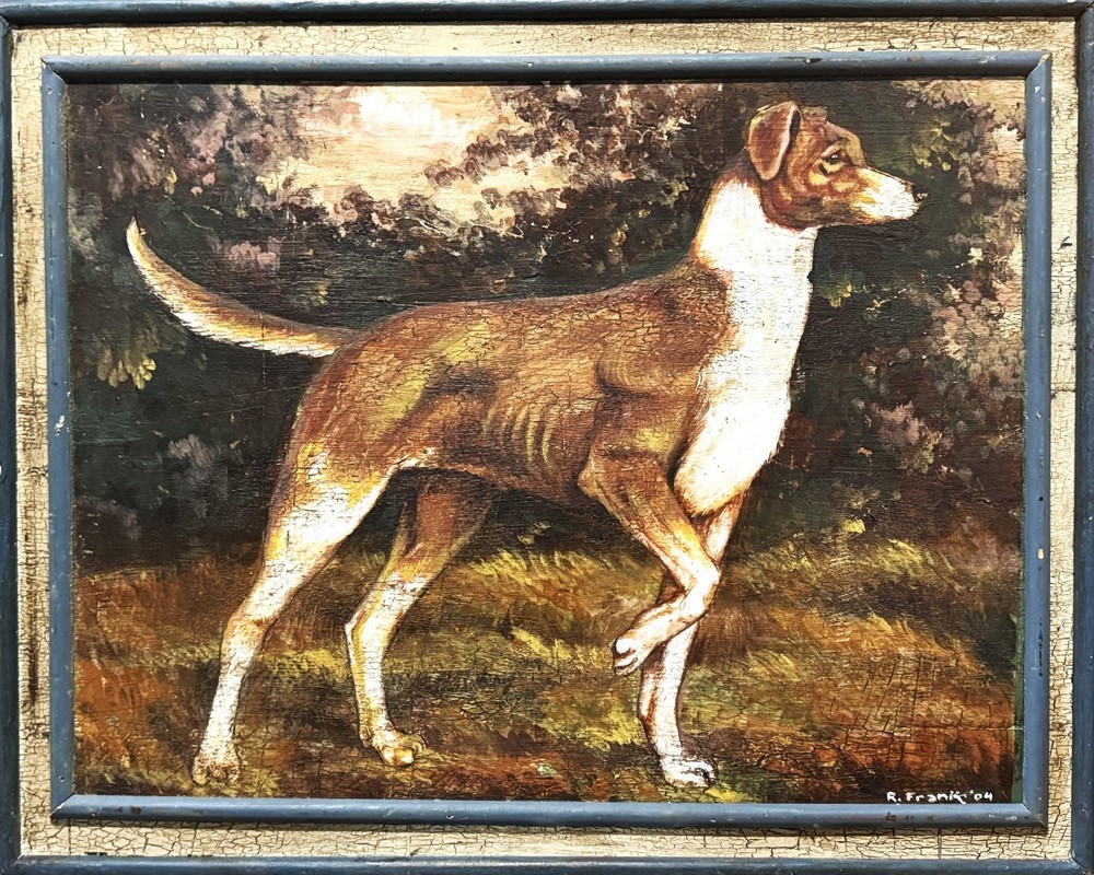 Robert Frank, ANTQ c 1904 Original Folk Art O/B „A Hunting Dog“, Signed & Dated!