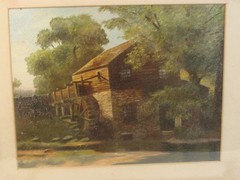 Antique 19C Grist Mill Water Wheel O/B Landscape Painting