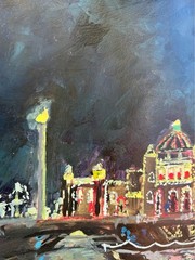 Winter City Night Painting, Holiday Lights Cityscape, Handmade, Signed by Artist