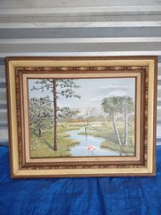 Florida Landscape Painting Palm Trees Flamingo By June Peters Signed Framed