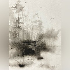 ORIGINAL Birds Landscape Painting Misty Forest Art Watercolor Artwork Monochrome
