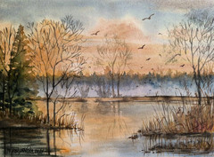 BIRDS FLYING FOGGY FOREST Bob Ross Style Original Artworks Painting MINE LAKE A4