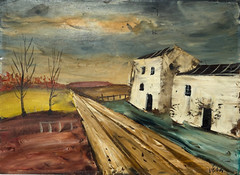 Road and Farmhouse Expressionist Landscape Paper Board Painting-Maurice Verrier