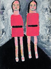 Twins Girls Figure Painting Children Walking to School Pink & Gray Art Miz Katie