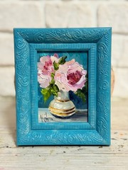 Original Oil Painting Pink Peonies Flowers Still life Vase Art Framed 4×5 in