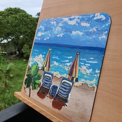 Beach Chairs Umbrellas Painting Coastal Ocean Original Wall Art Seaside Summer