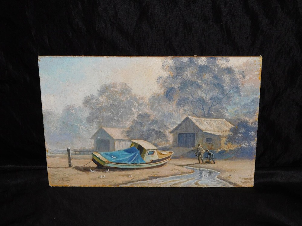 Golding Father Son Fishing Boat Stream Painting Original Art on Board Signed
