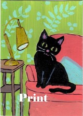 ACEO Art Card PRINT Black Cats House Plants The Secret Life of House Cats #12