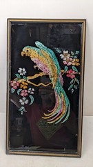 Antique Reverse painted Glass Tinsel foil Art Parrot wood frame 1920’s Deco Tiki