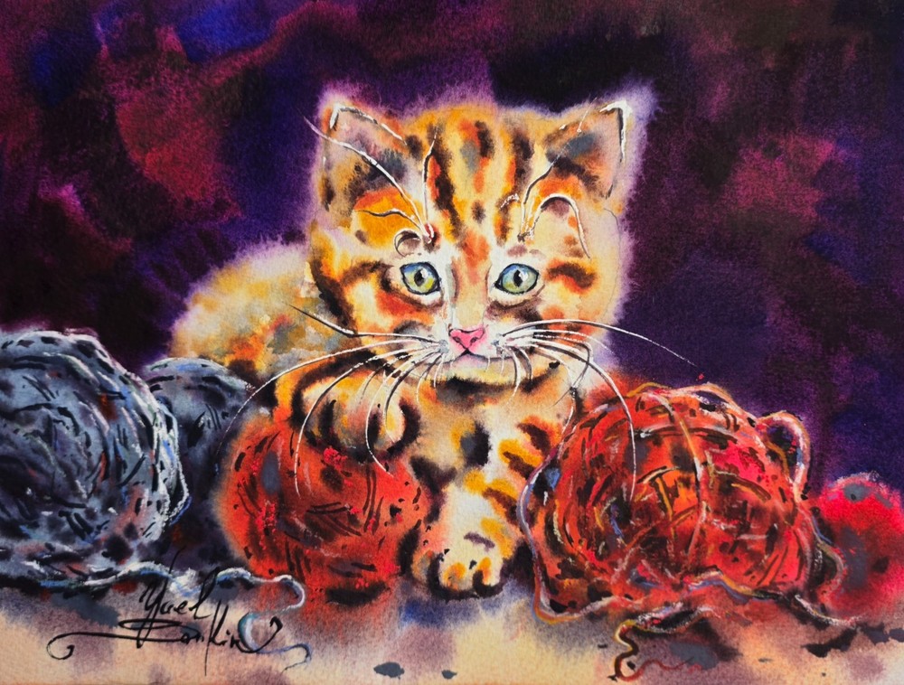 Original Ginger Kitten with Yarn Balls Watercolor Art – Cat Art, 8.5 x 11 in