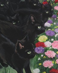 Original painting on 18×24 In. canvas featuring black cats in a flower garden