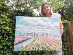 Oil painting ORIGINAL art Pink tulips Tulip fields art