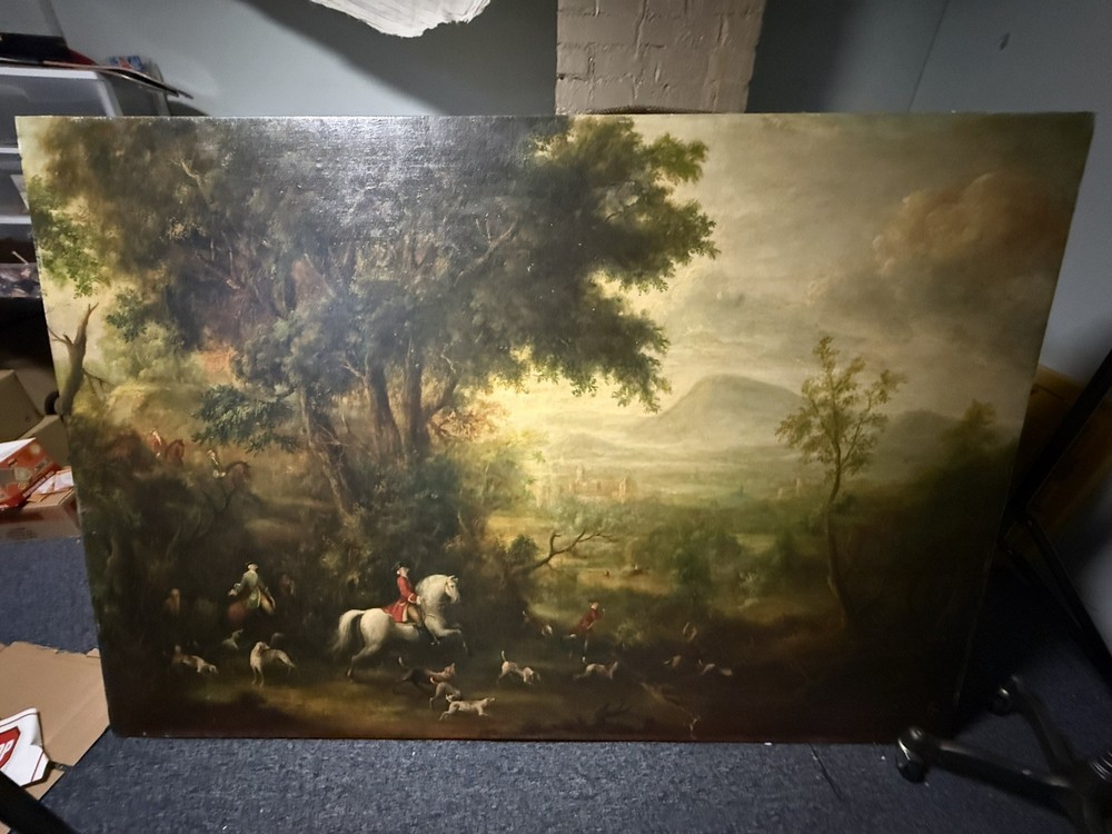 Large Vintage Hunt Scene Oil Painting on Canvas Fox Hunting Landscape