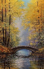 Original Autumn Landscape Oil Painting, Stone Bridge River Canvas Art, Fall Art
