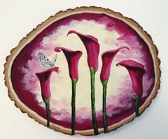 Hand Painted Burgundy Calla Lilies & Butterfly On Live Edge Basswood By Phyllis